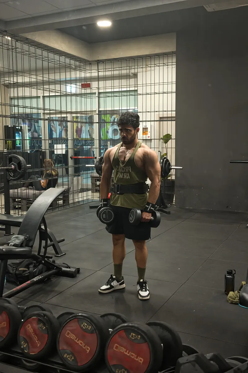Vincenzo Jr. con i manubri davanti allo specchio della palestra